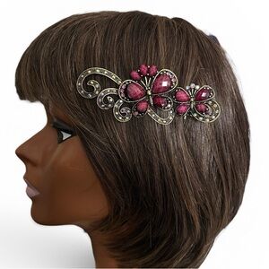 Antique Brass Burgundy Butterflies Rhinestone and Glass Gem Sparkle Hair Clip